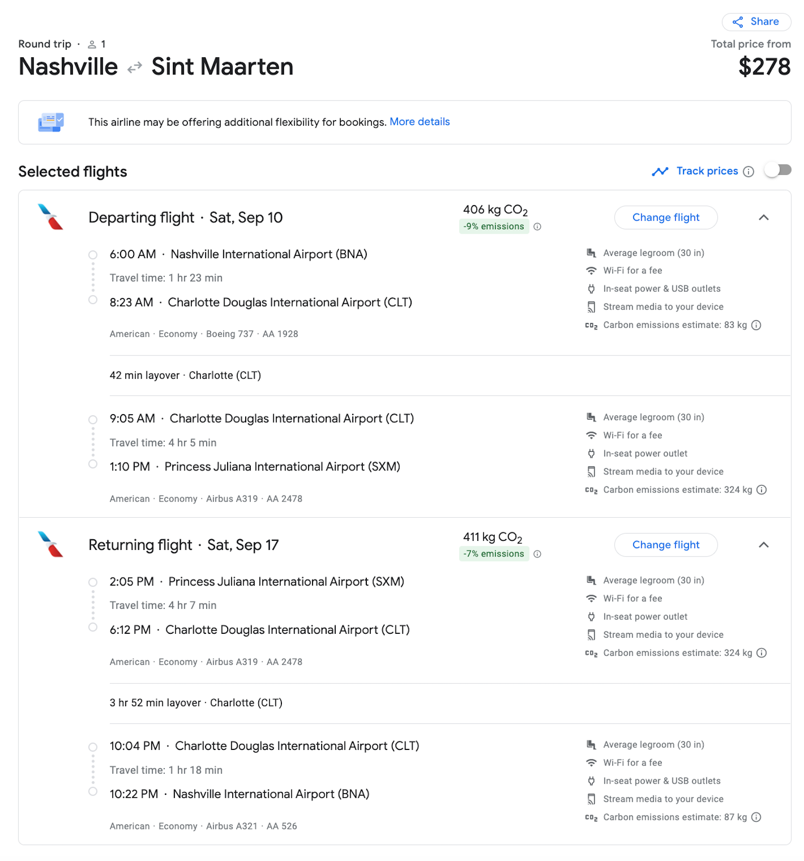 BNA to SXM booking screenshot