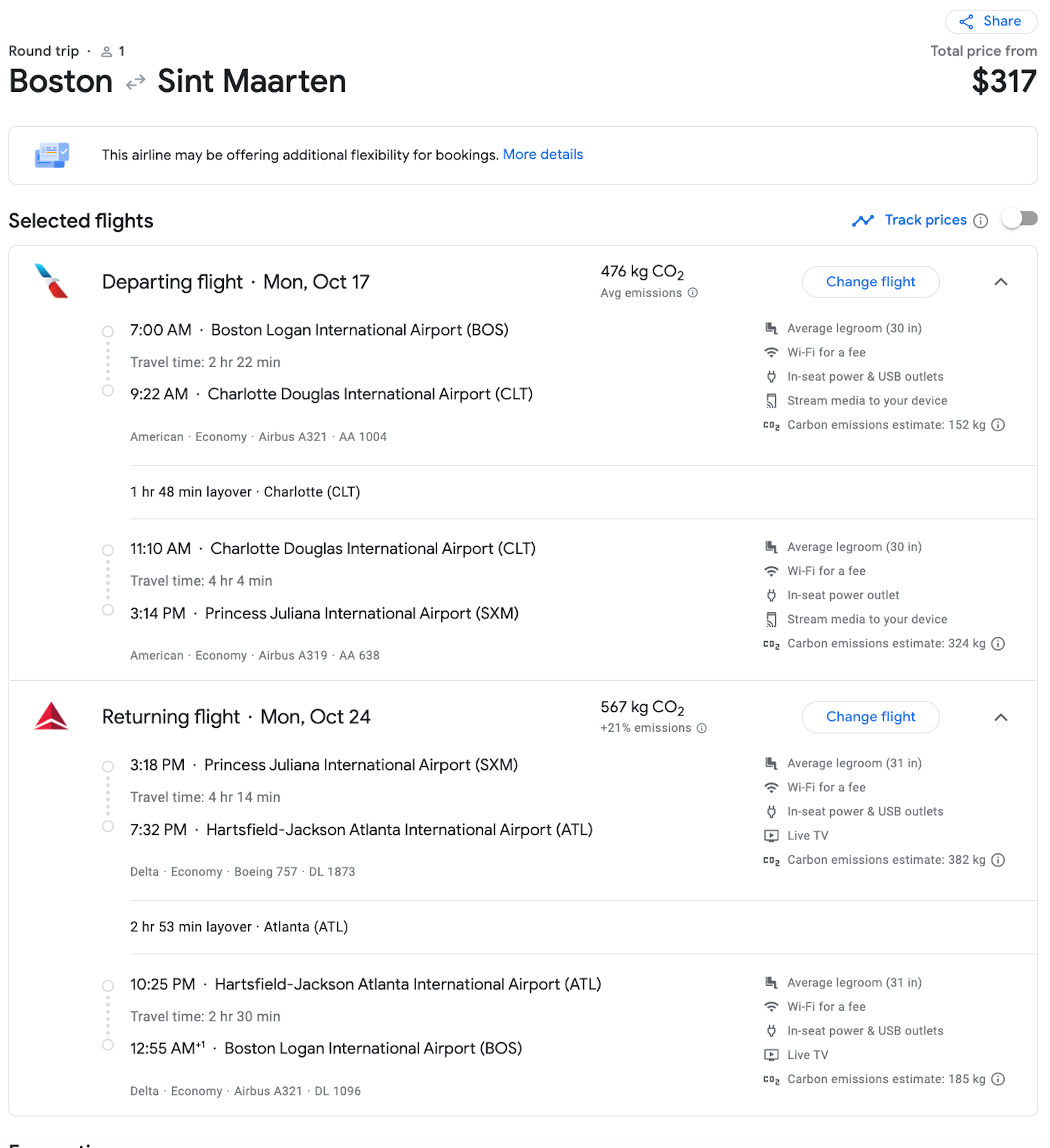 BOS to SXM booking screenshot