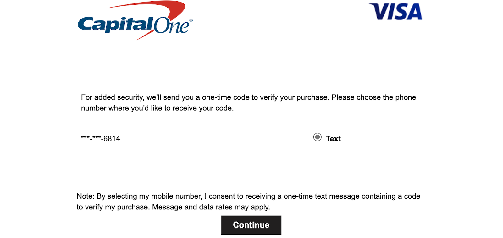 screenshot of warning about text message code needed to complete transaction