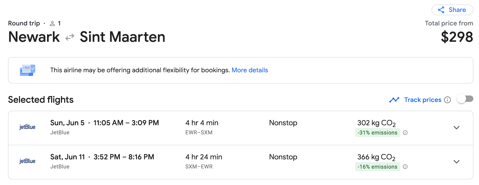 EWR to SXM booking screenshot
