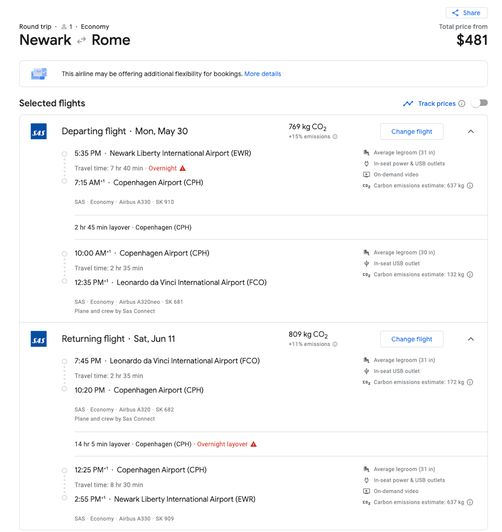 SAS to Rome booking screenshot
