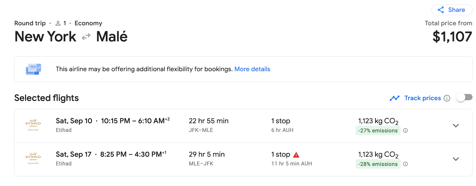 JFK MLE fall booking screenshot