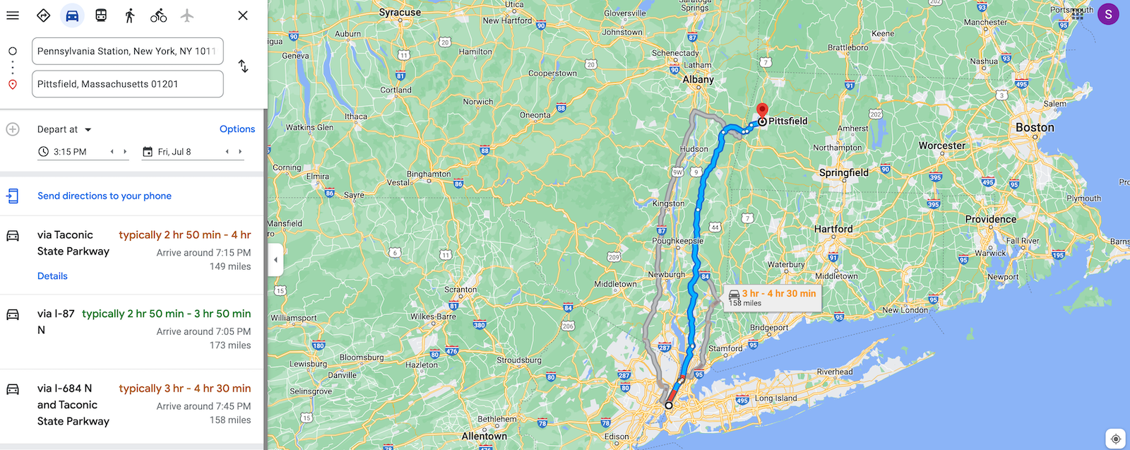 google maps route screenshot NYC to Berkshires