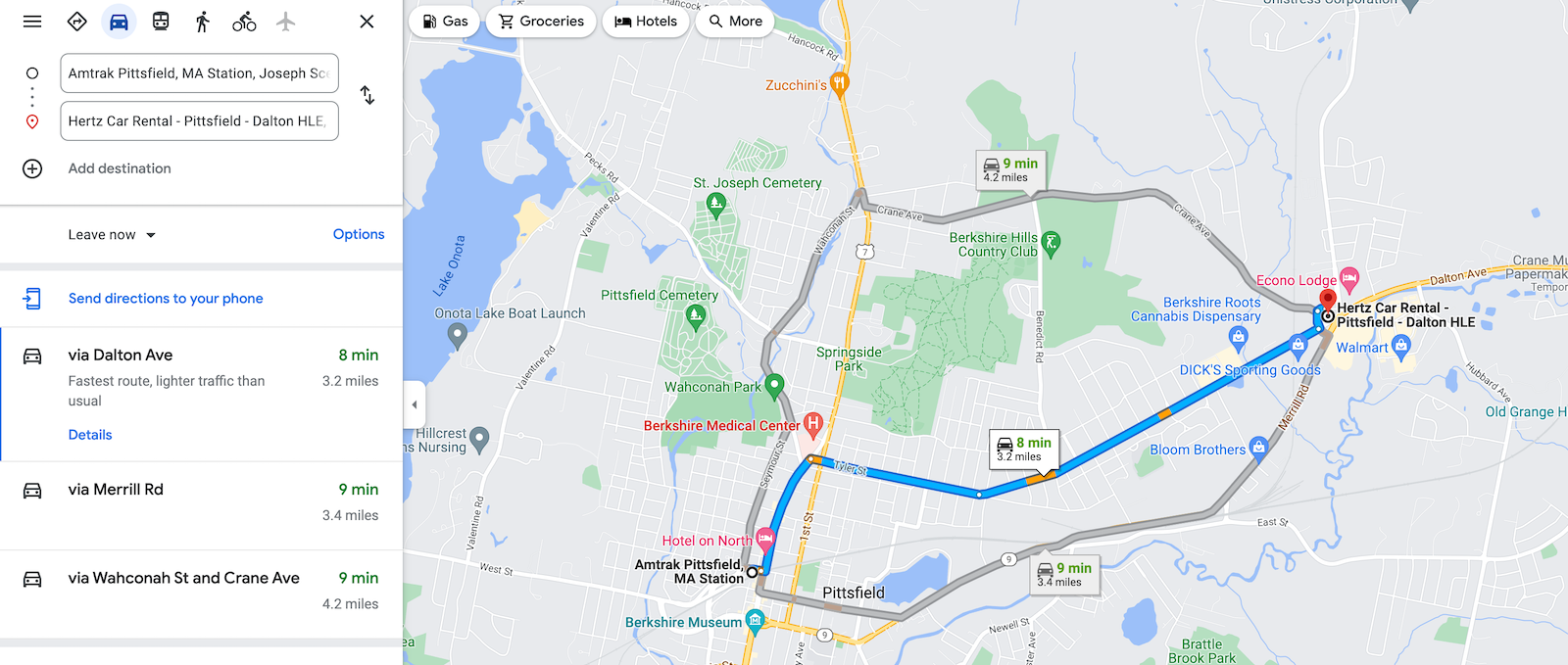 Hertz rental car pittsfield route map