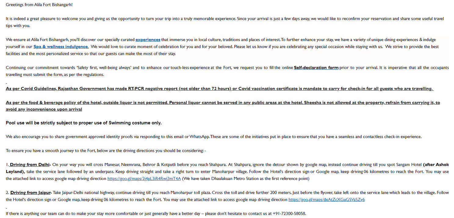 email from Alila Fort Bishangarh