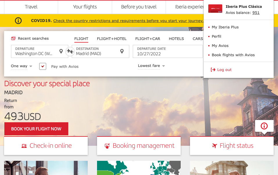 Iberia account flight booking page