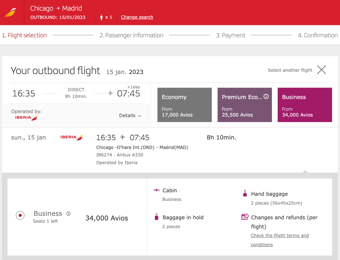 Iberia Avios one way in business class