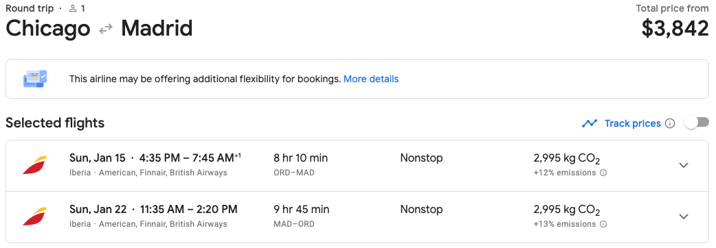 Iberia Avios round trip in business class cash price