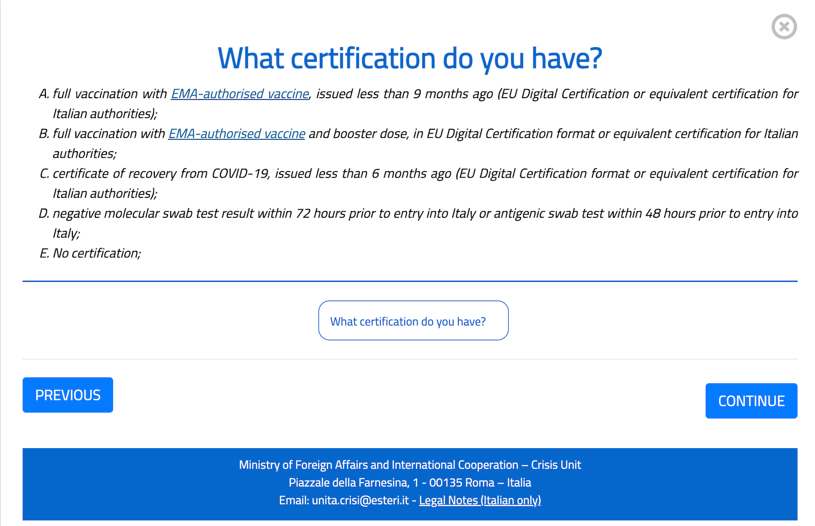 italy vaccine questions