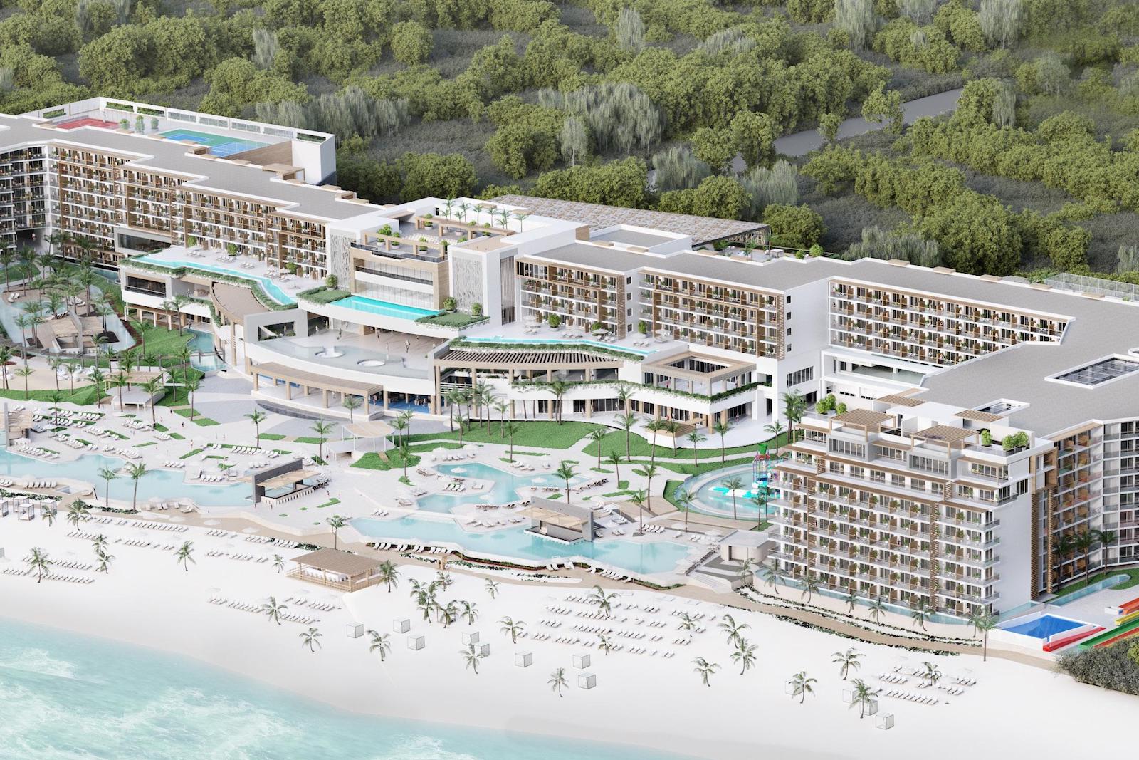 rendering of large white resort with pools on white-sand beach