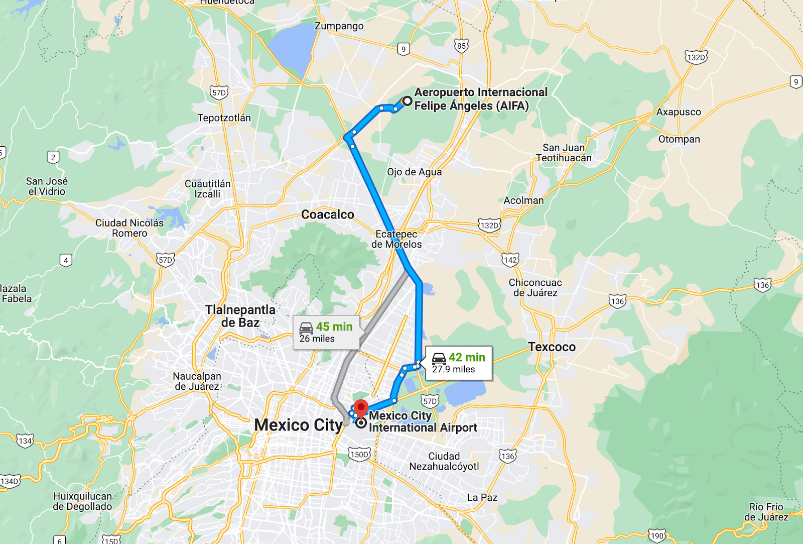 map showing proximity of mexico city airports