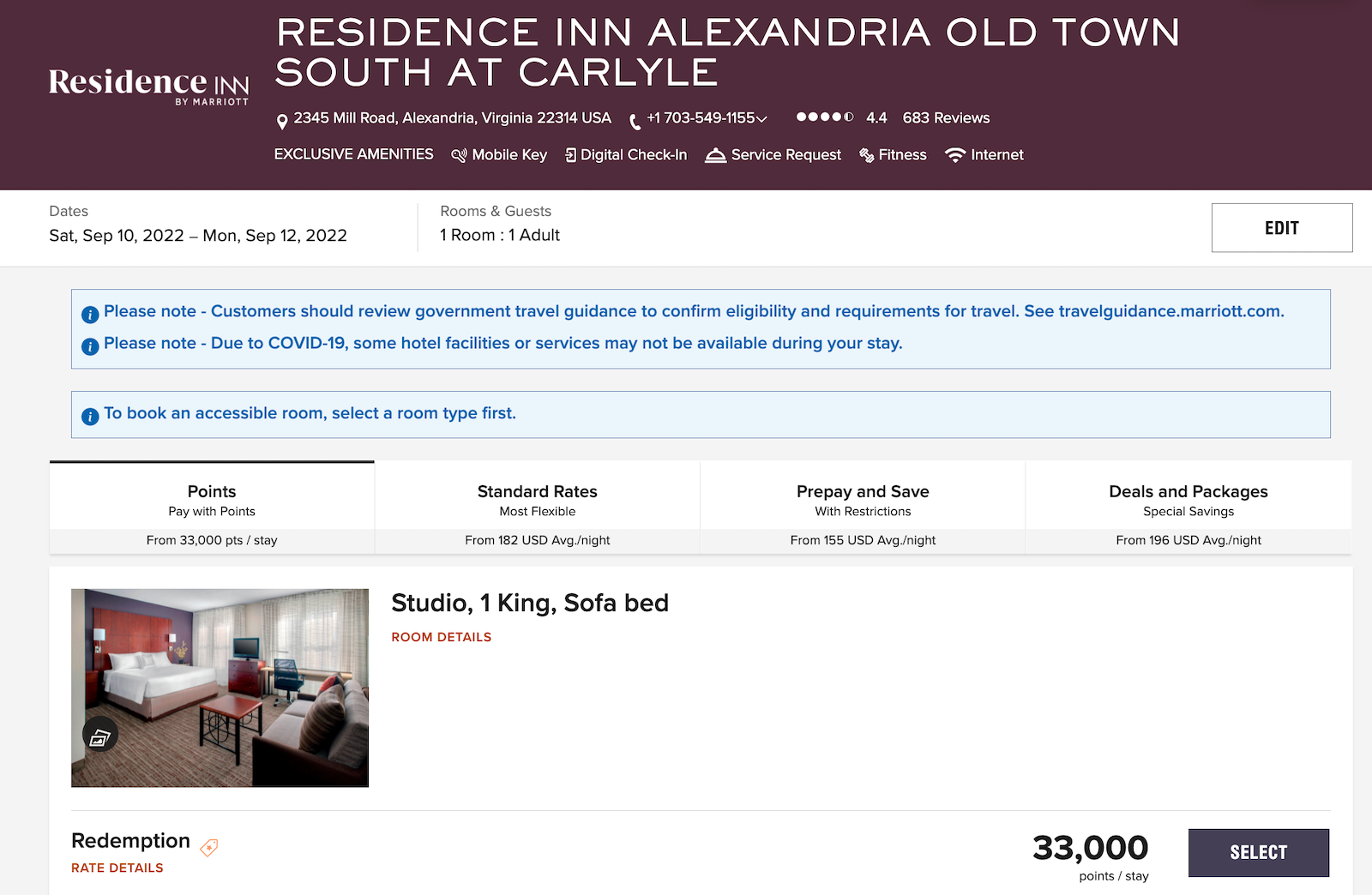 residence inn alexandria booking screenshot