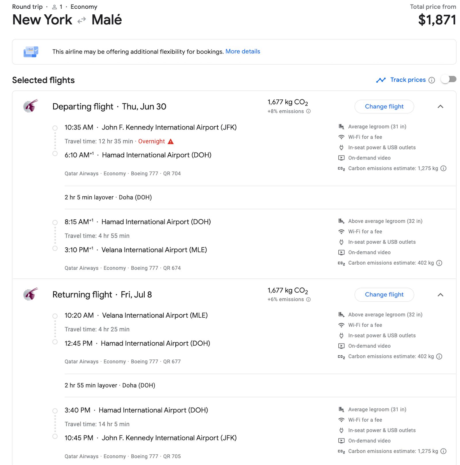 JFK MLE booking screenshot