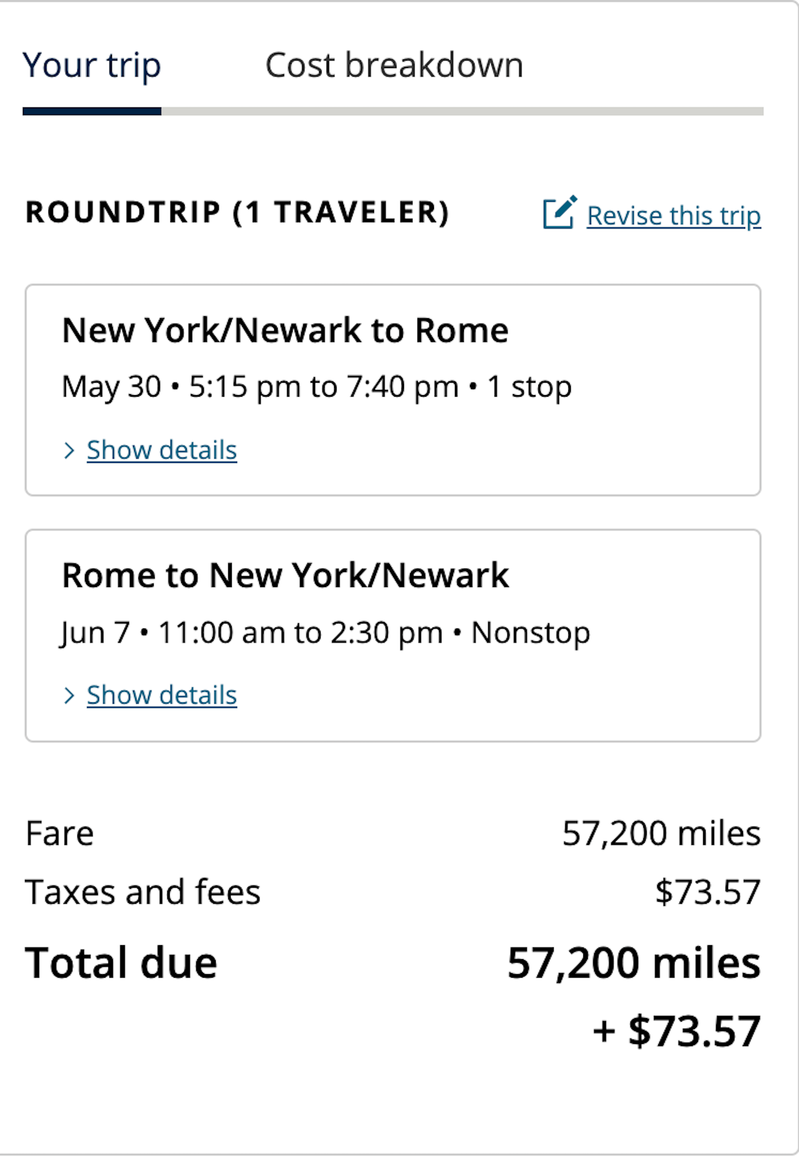 United EWR FCO booking screenshot