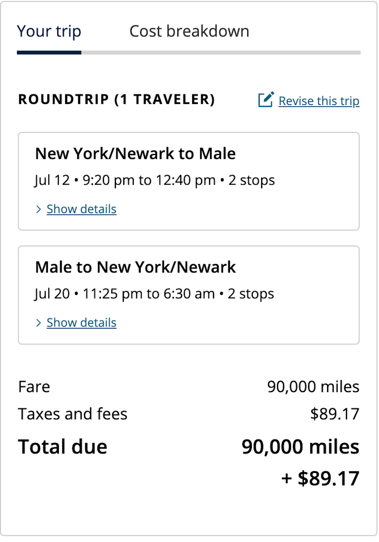 EWR MLE booking united