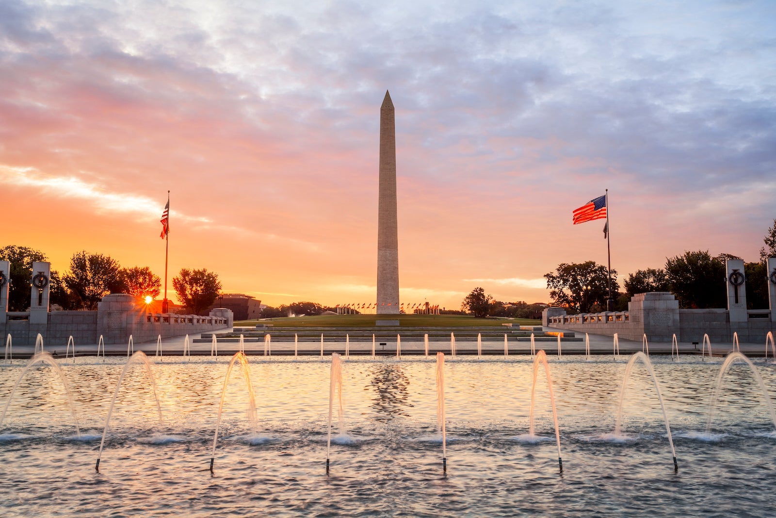 Washington memorial at sunset from reflection pool