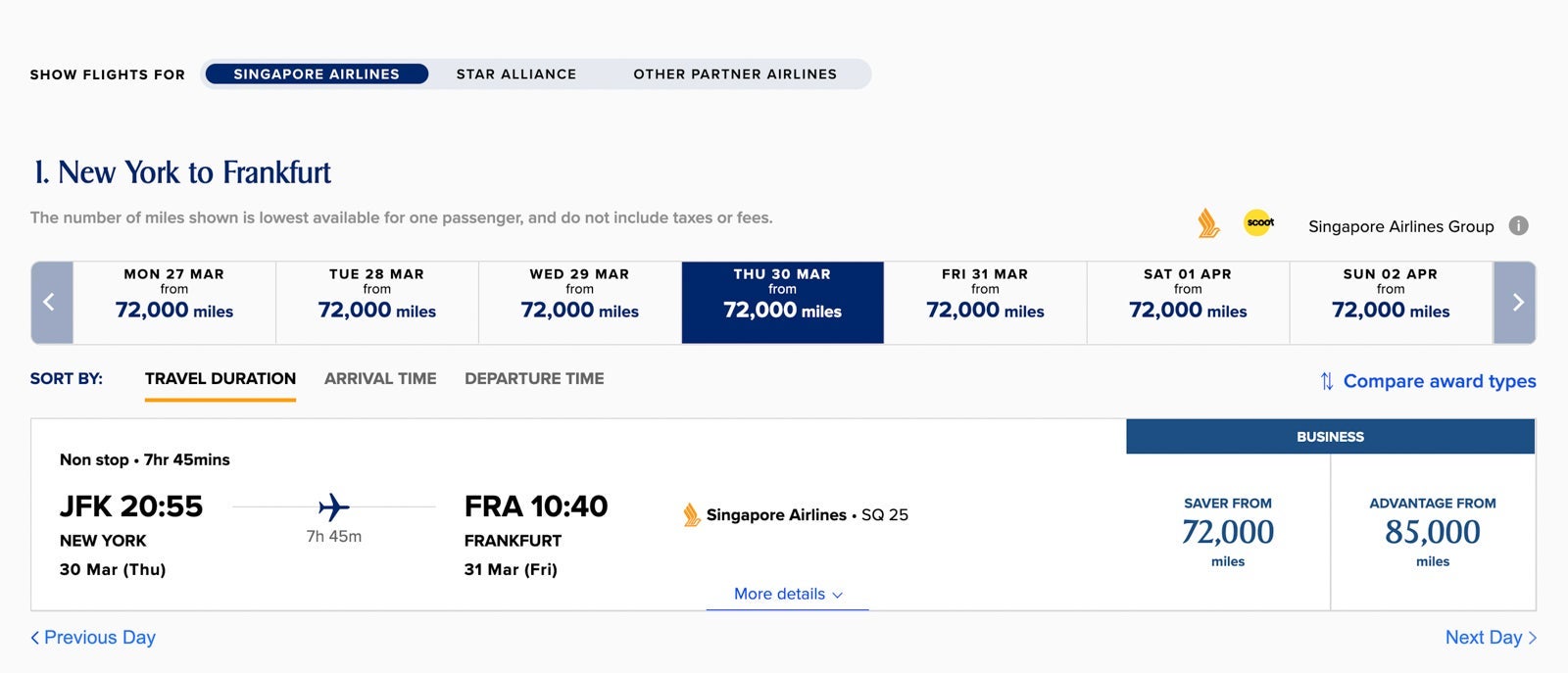 Screenshot of Singapore Airlines award availability from New York JFK airport to Frankfurt, Germany in March 2023.