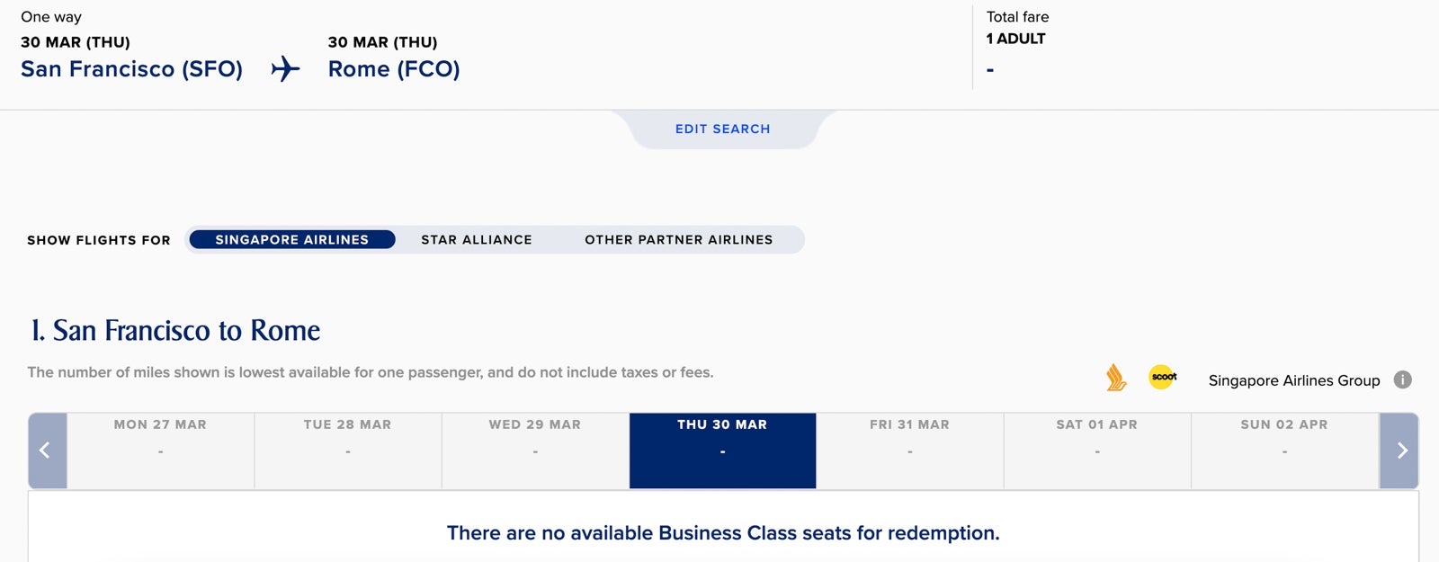 Sceenshots of Singapore Airlines award flight availability from San Francisco to London, Frankfurt and Rome in March 2023.