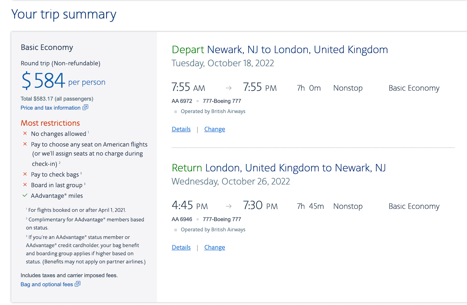 American Airlines booking screenshot