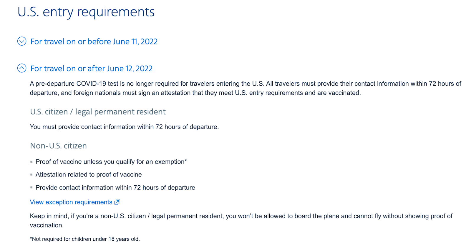 AA US entry requirements page