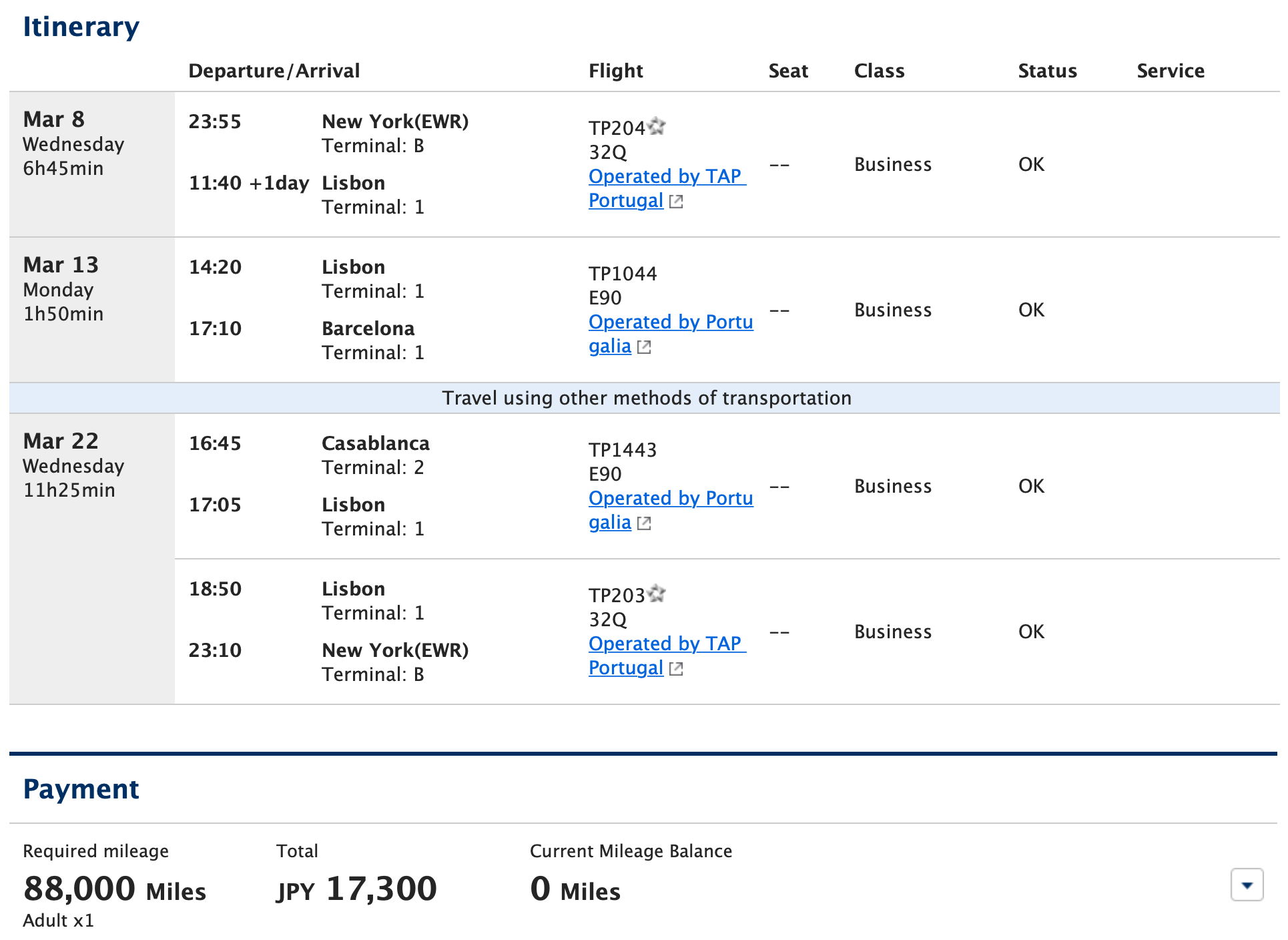 ANA itinerary with a stopover