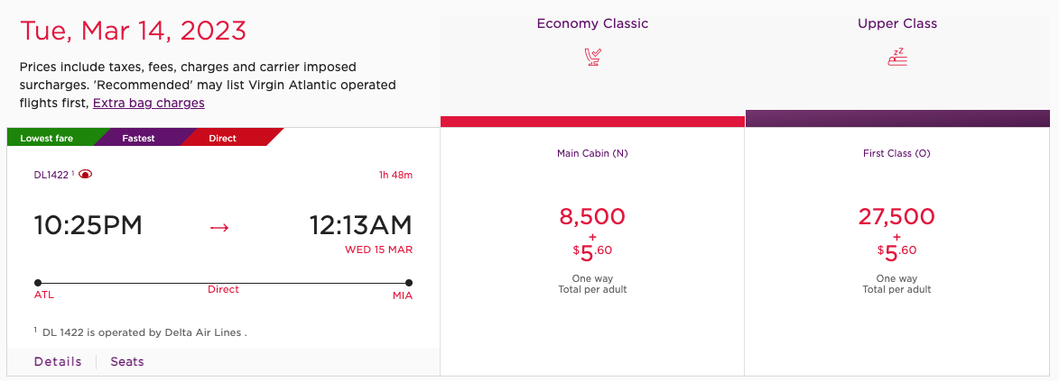 ATL to MIA Delta award on the Virgin Atlantic website