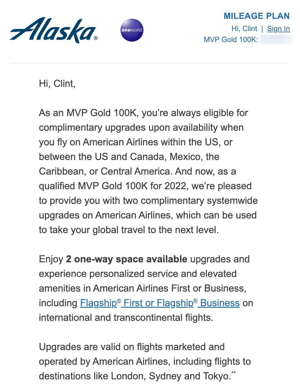 Alaska MVP 100K American upgrades