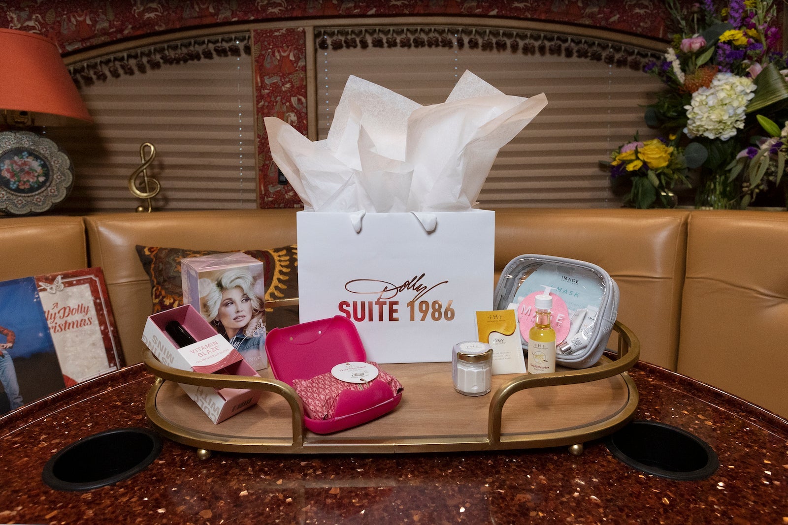 dolly parton-themed gifts on table