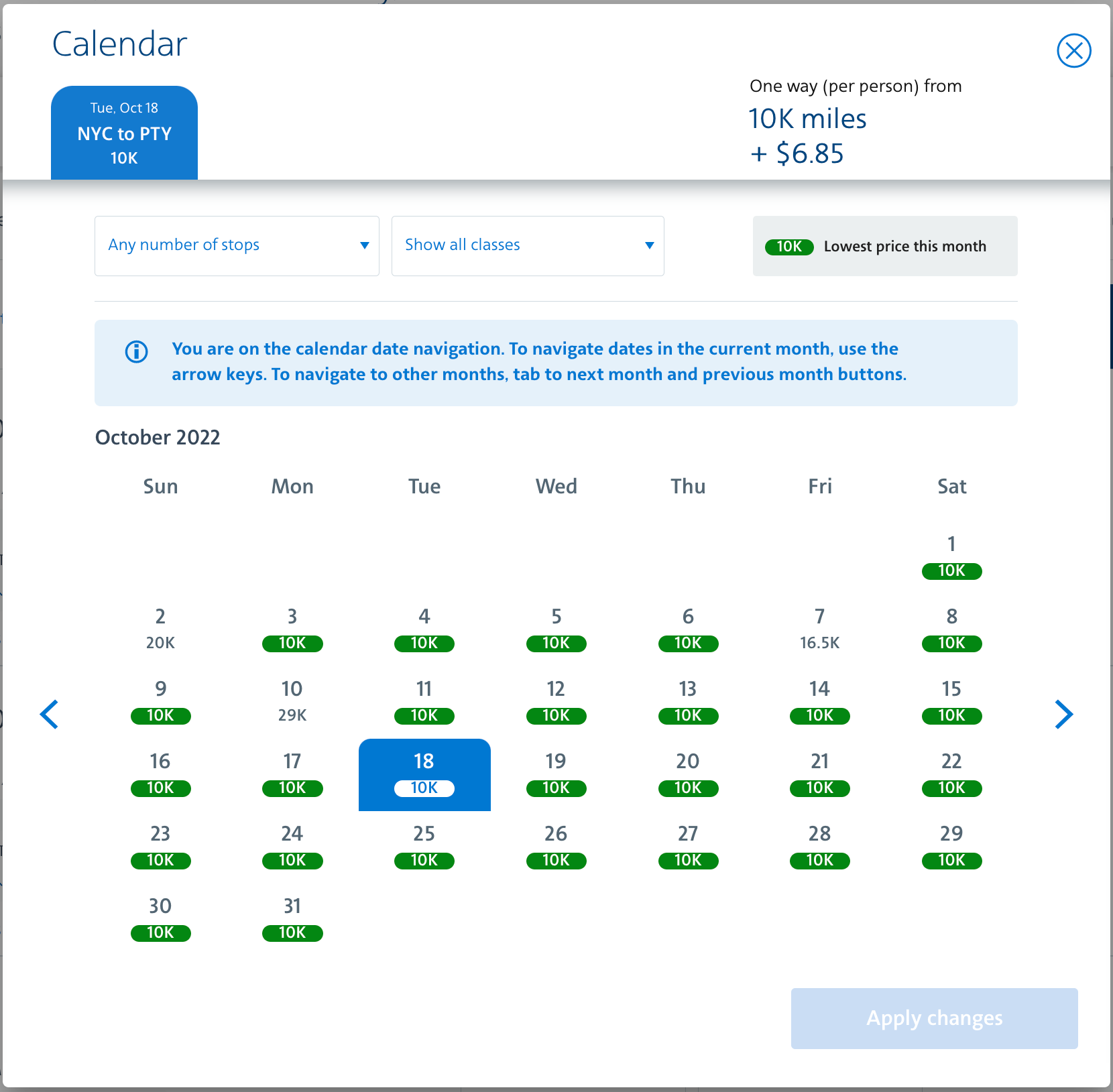 American Airlines award calendar