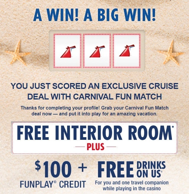 Carnival free interior room offer