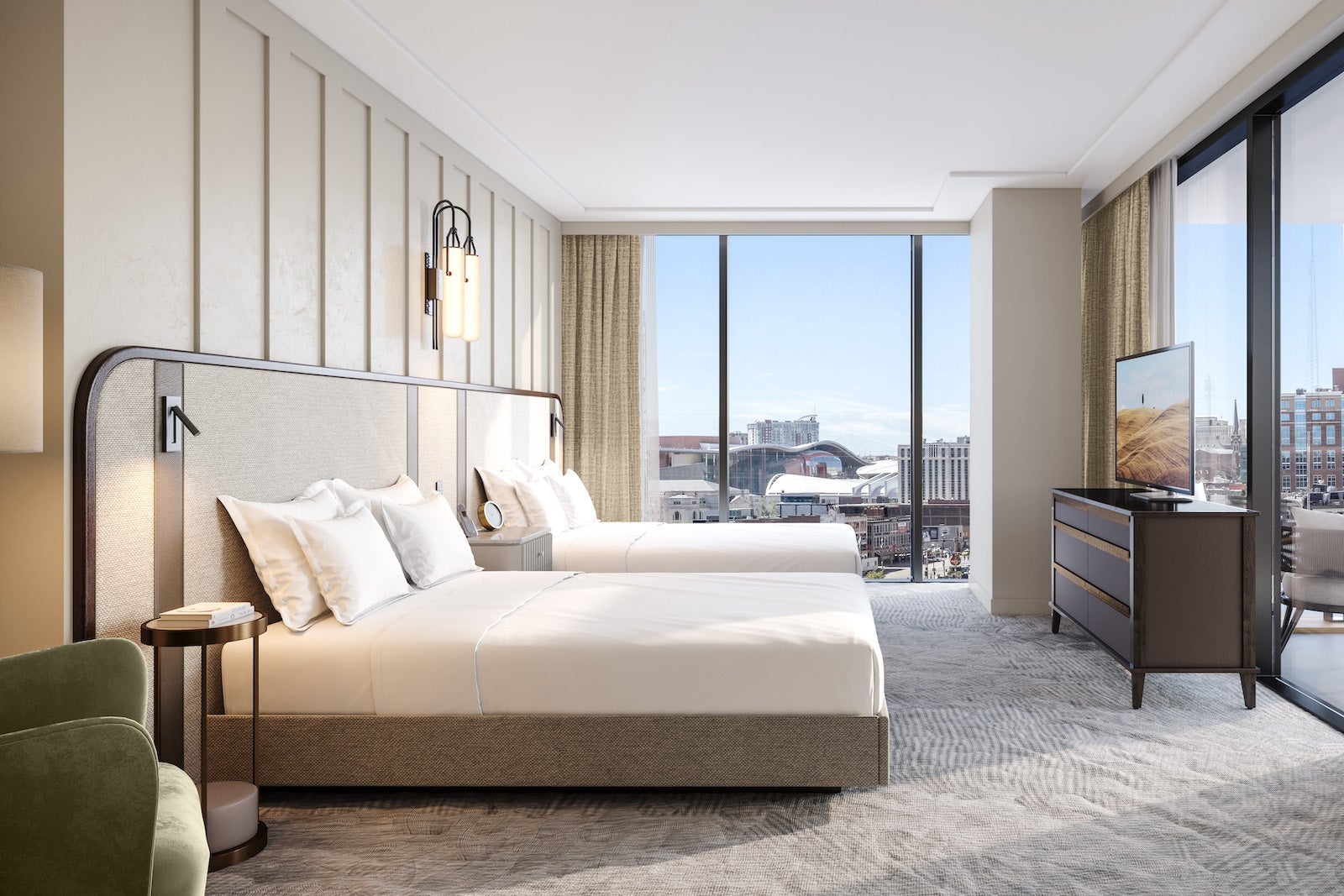 hotel room rendering with double beds and floor-to-ceiling windows