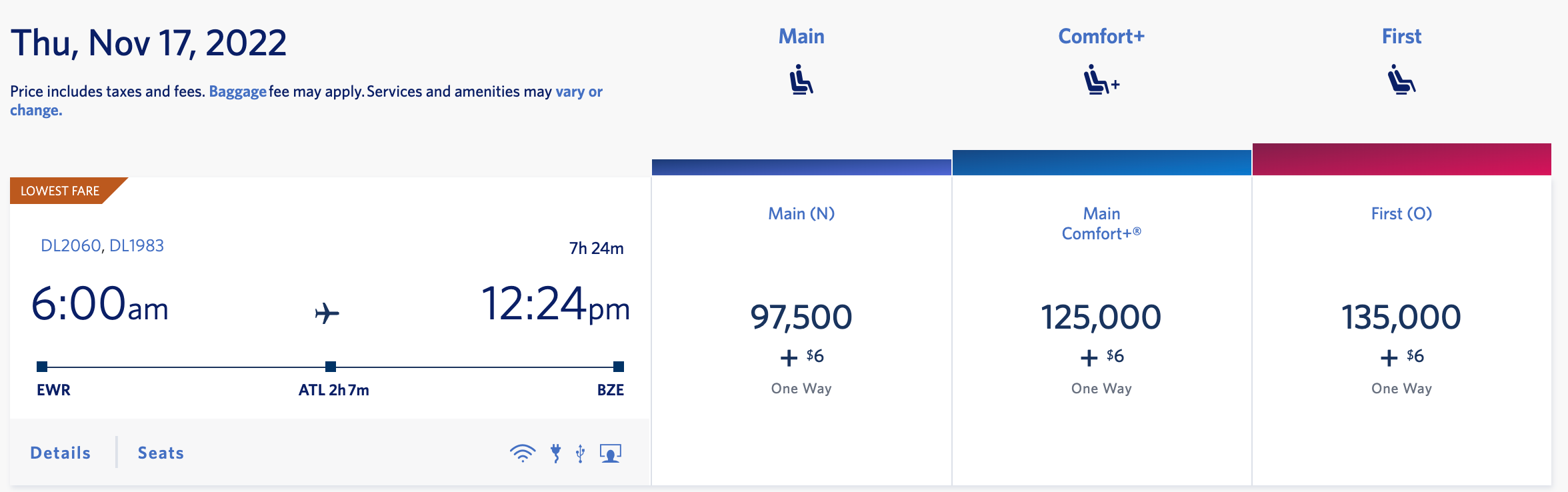 EWR to BZE Delta SkyMiles award ticket