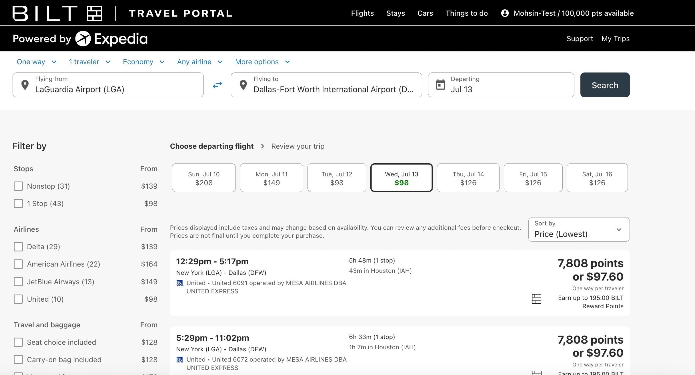 Flights on the Bilt Travel Portal