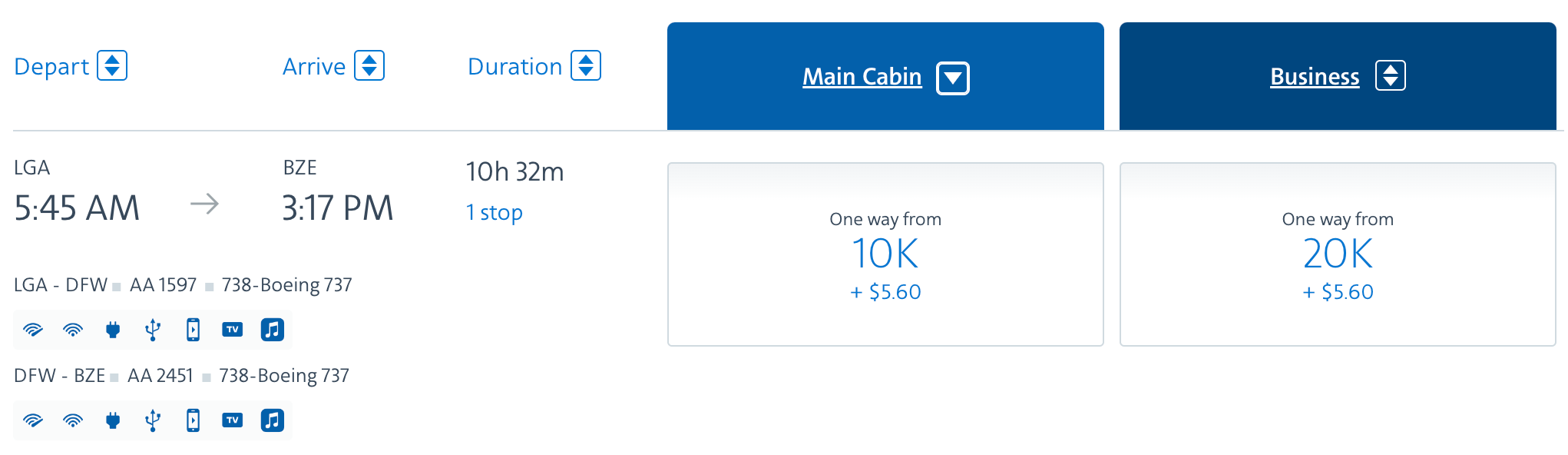 LGA to BZE American award ticket