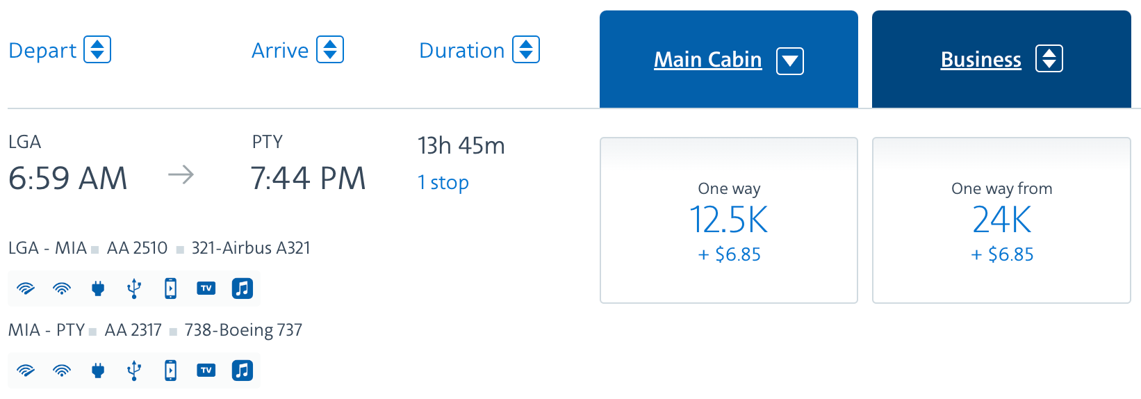 LGA to PTY American award ticket