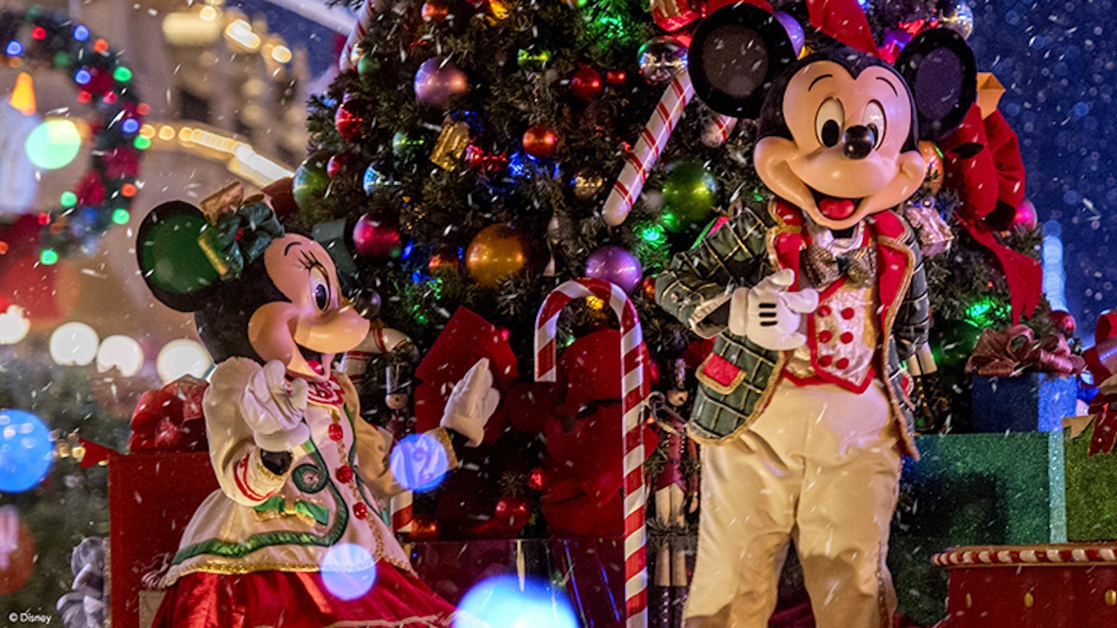 Mickey and Minnie on a holiday float at Disney World