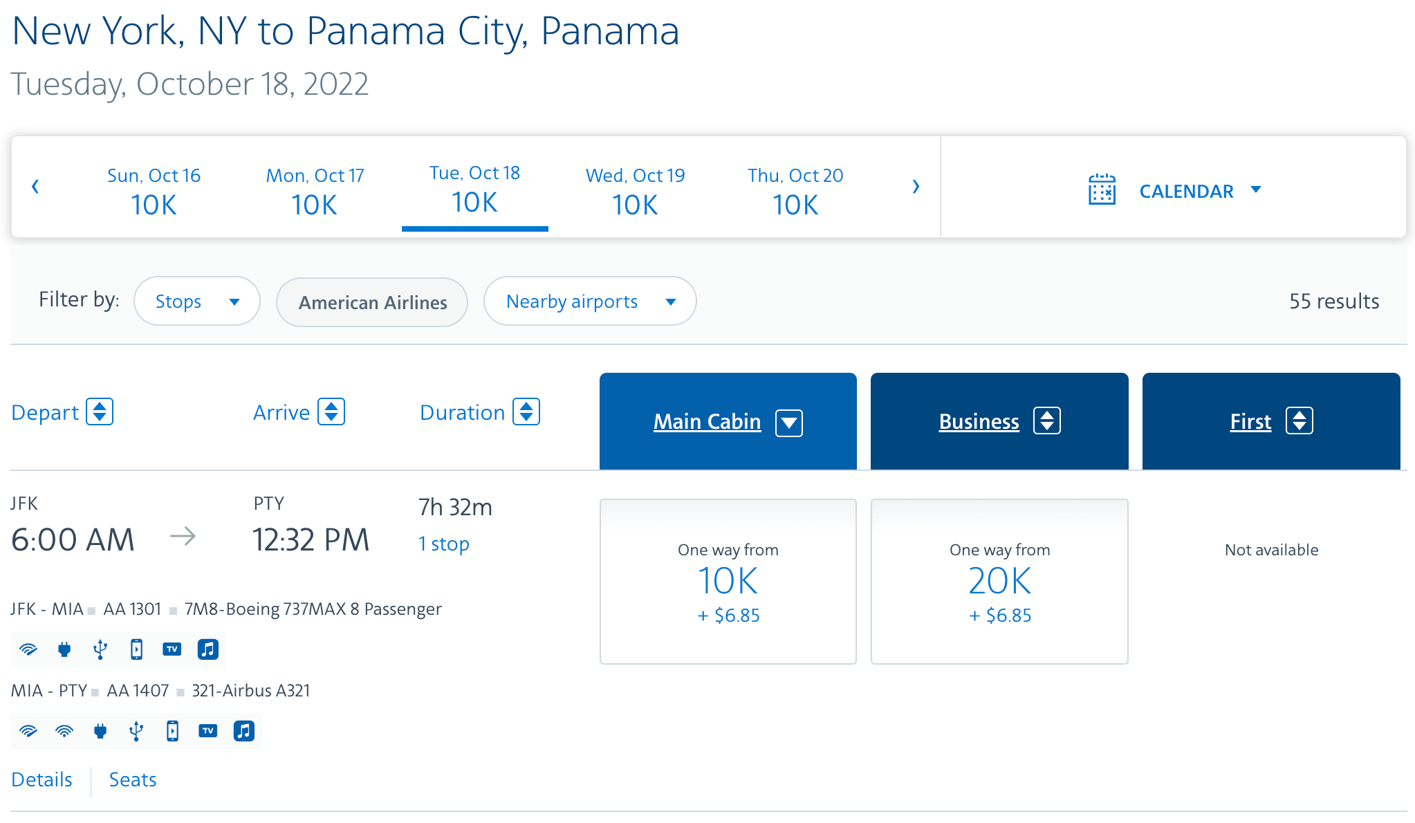 NYC to PTY American search results