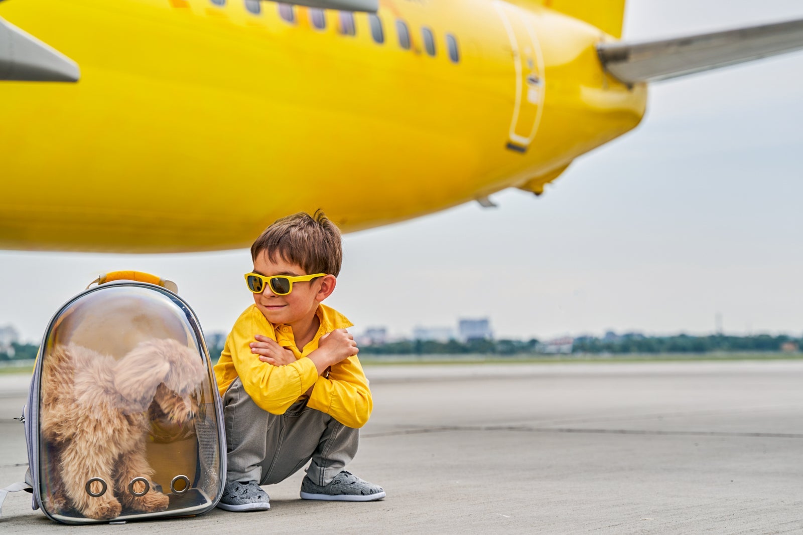 A young boy seated on haunches near his poodle on the runway