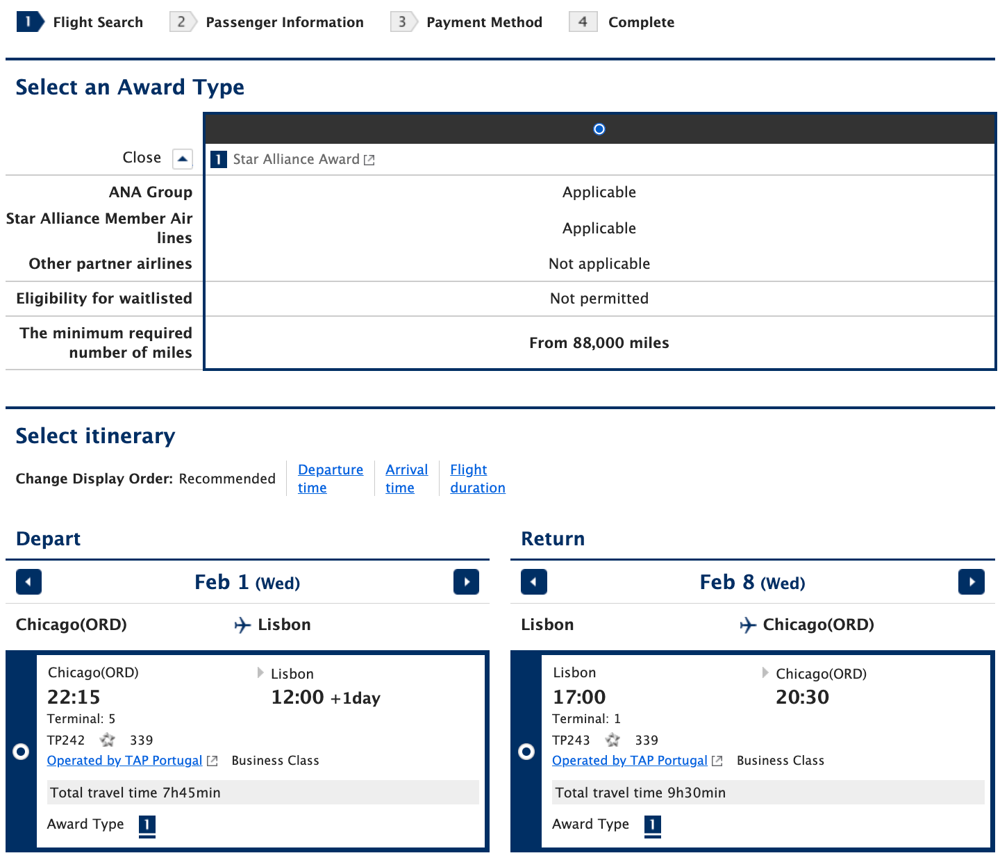 Picking flights on ANA website