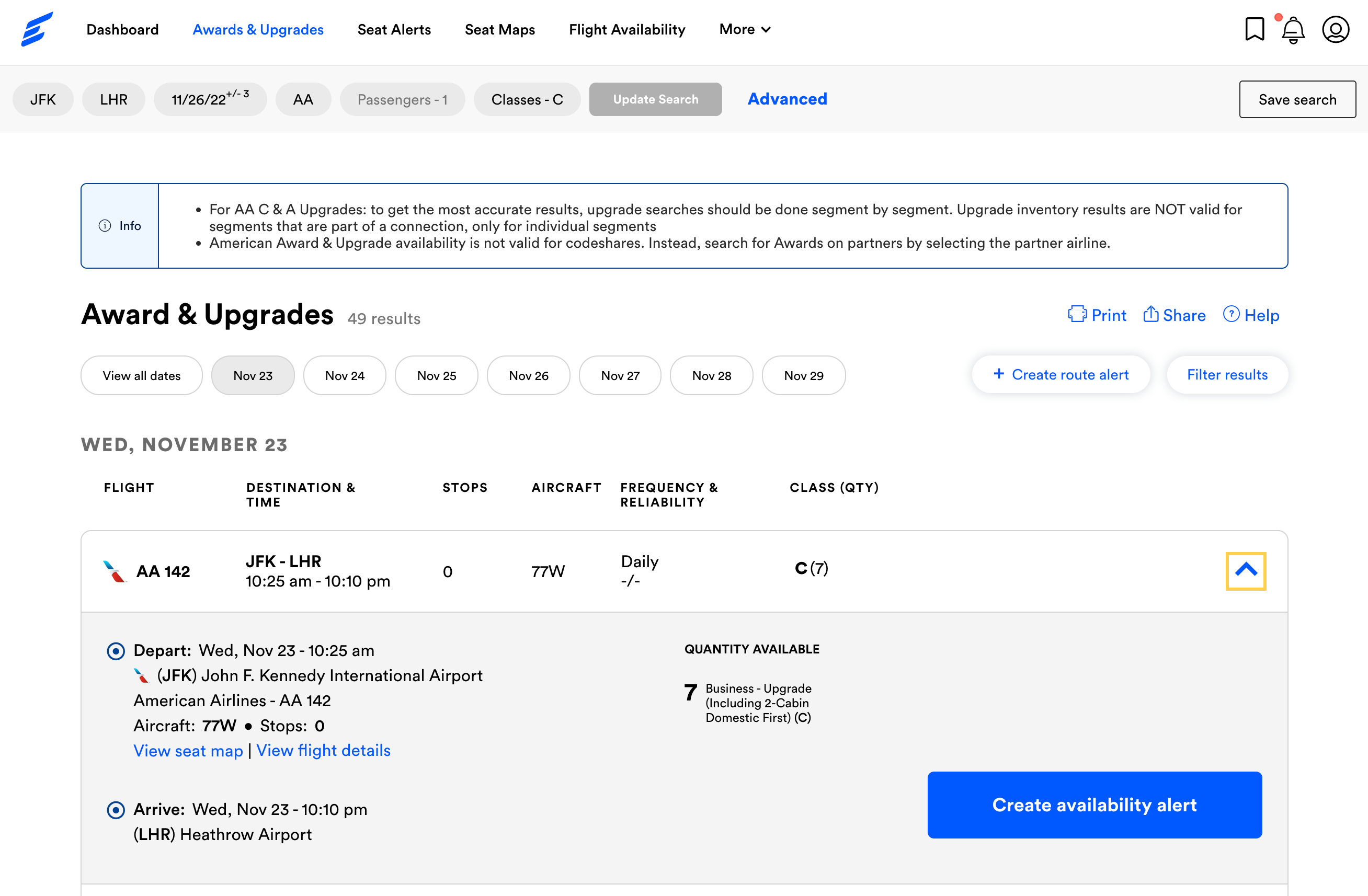 Expertflyer AA upgrade