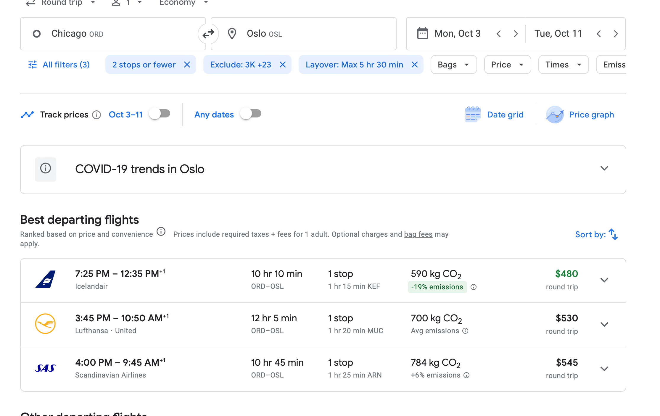 screenshot of flights