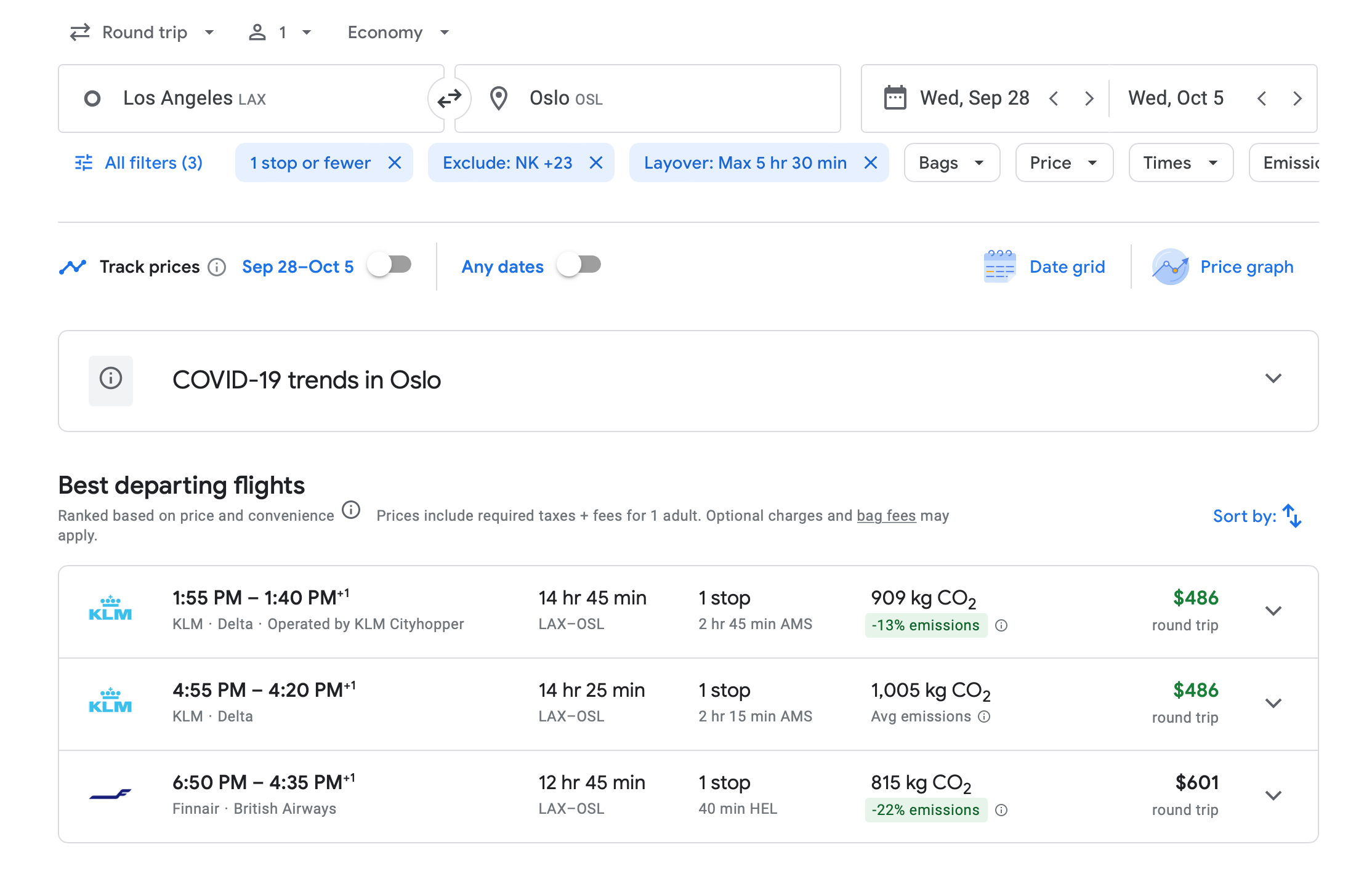 screenshot of flights from LAX
