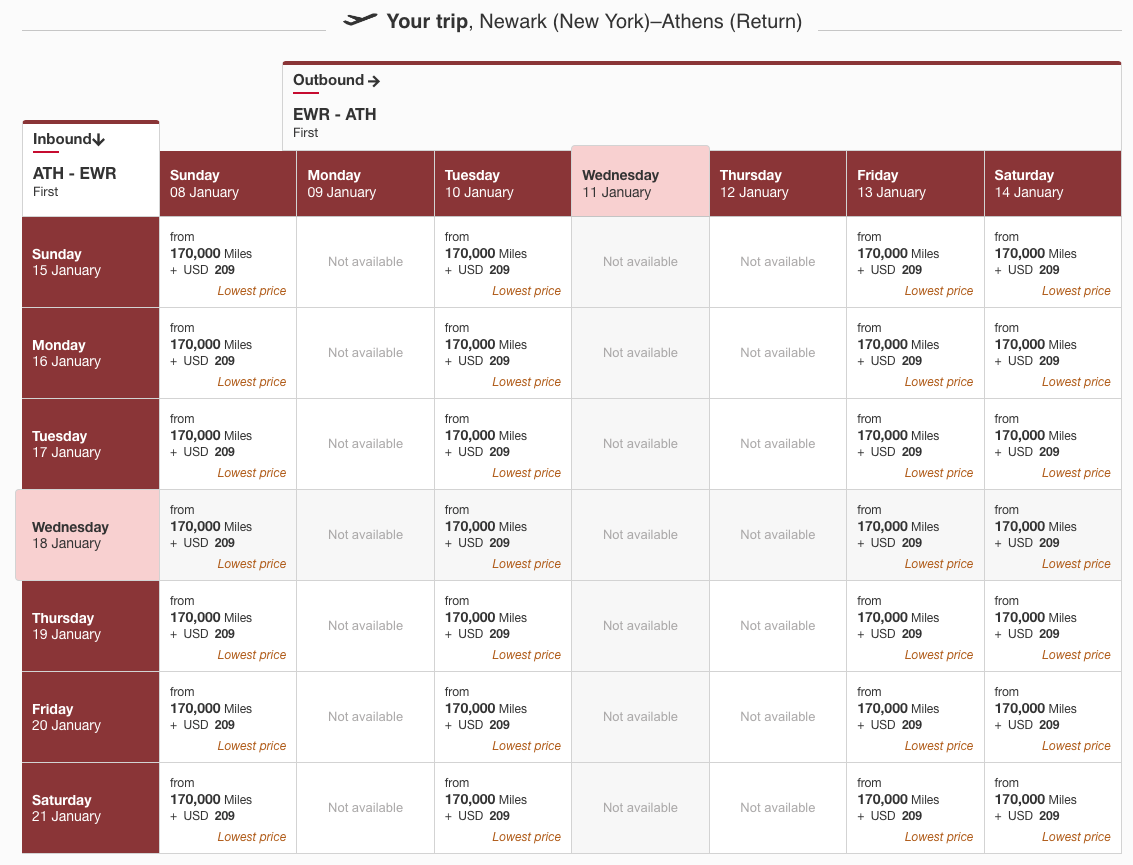 EWR ATH award space calendar in January 2023