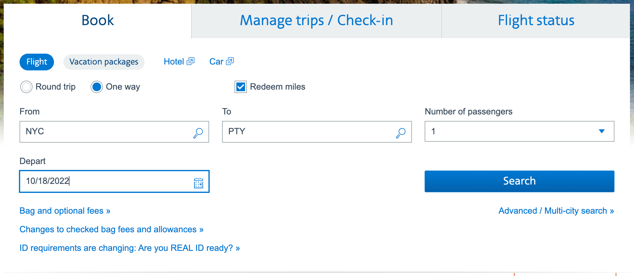Searching for flights on American's website