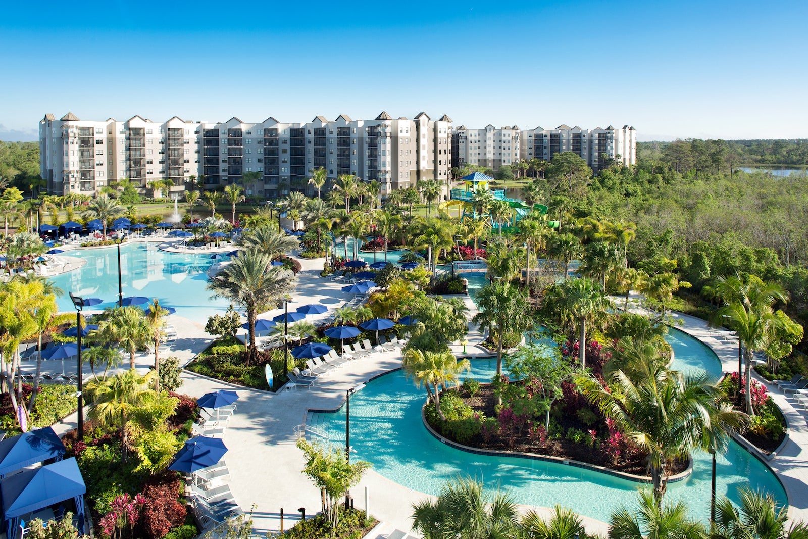 Lazy river with hotel in the background