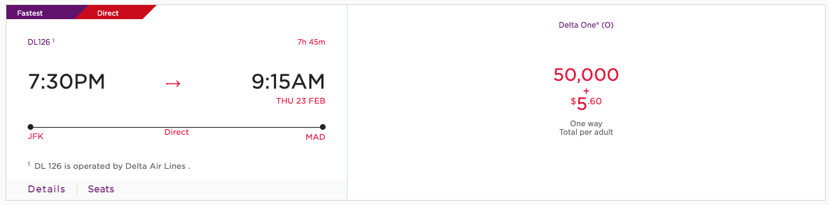 Virgin Atlantic award from JFK to Madrid on Delta