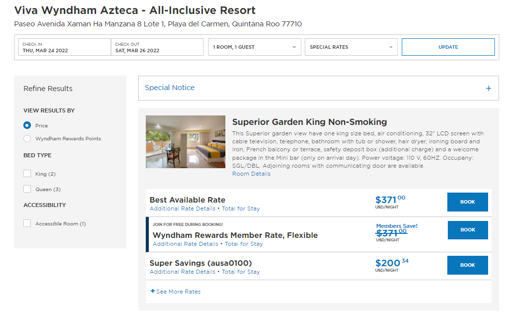 Booking Wyndham Viva Azteca for one guest