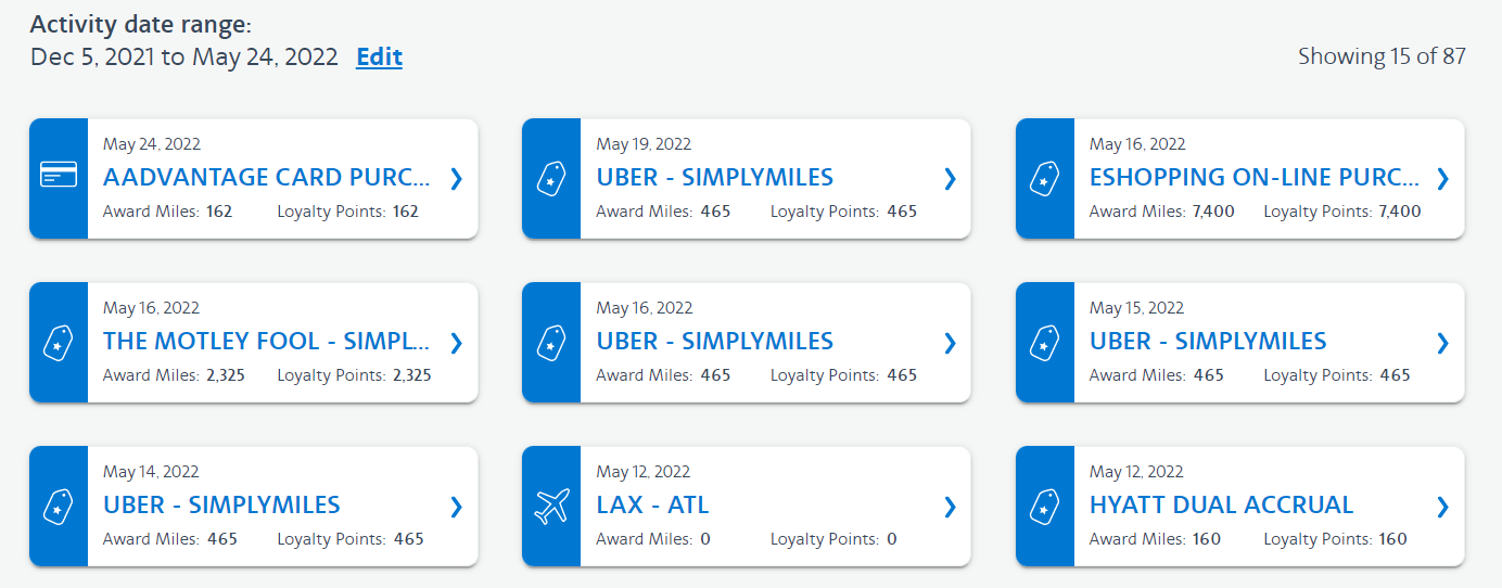 Katie's Loyalty Point earnings