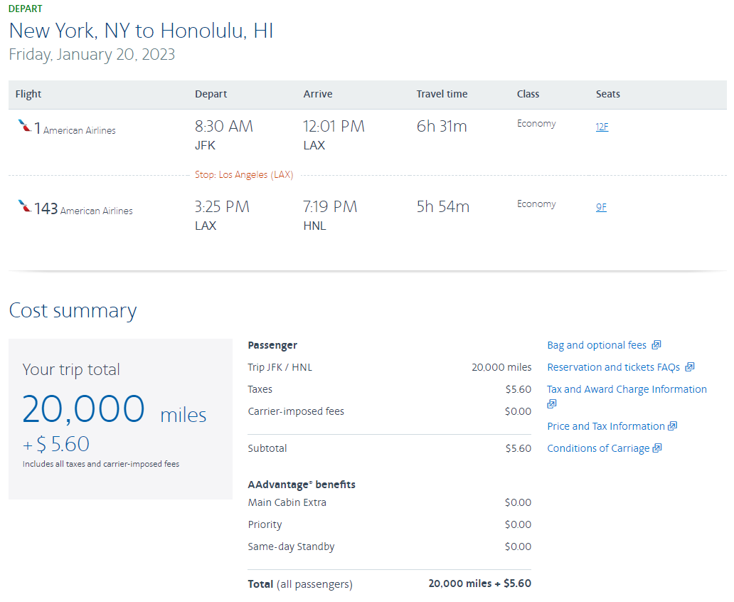 Booking an AAdvantage off-peak award to Hawaii
