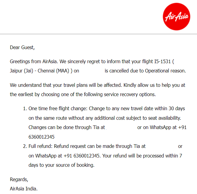 AirAsia India flight cancellation email